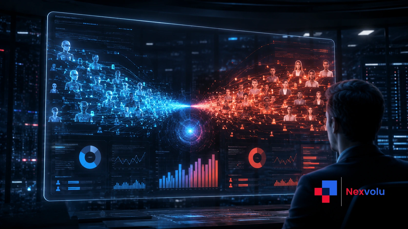 Bot traffic outnumbering human visitors on a glowing website analytics dashboard