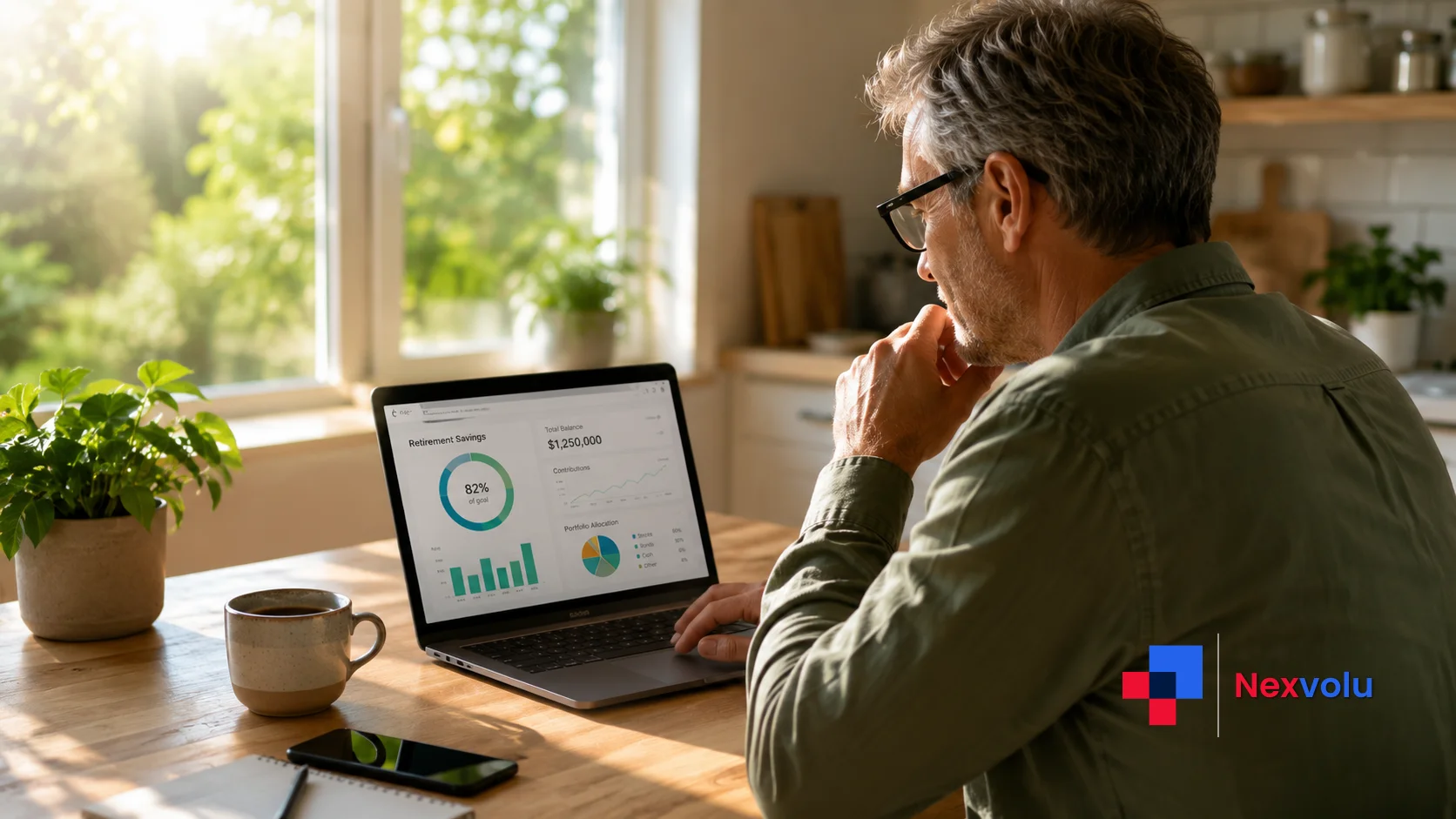 Calm person reviewing a retirement account on a laptop at a kitchen table