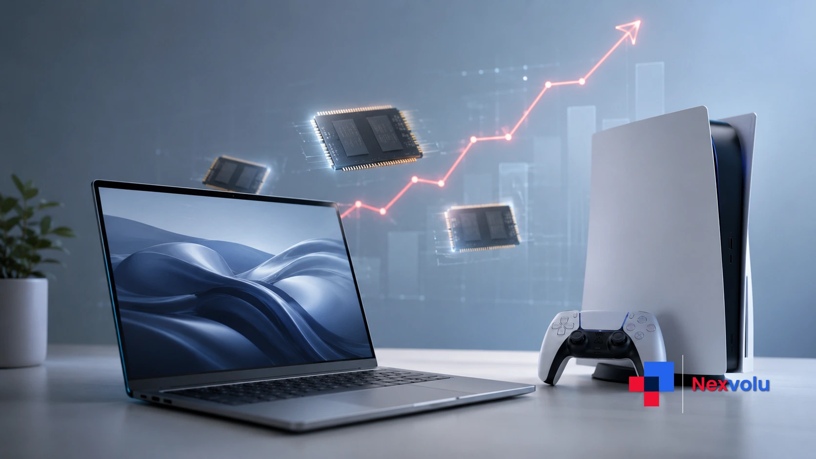 Tech price hikes 2026 shown by Apple and Microsoft devices beside a rising price chart and memory chips