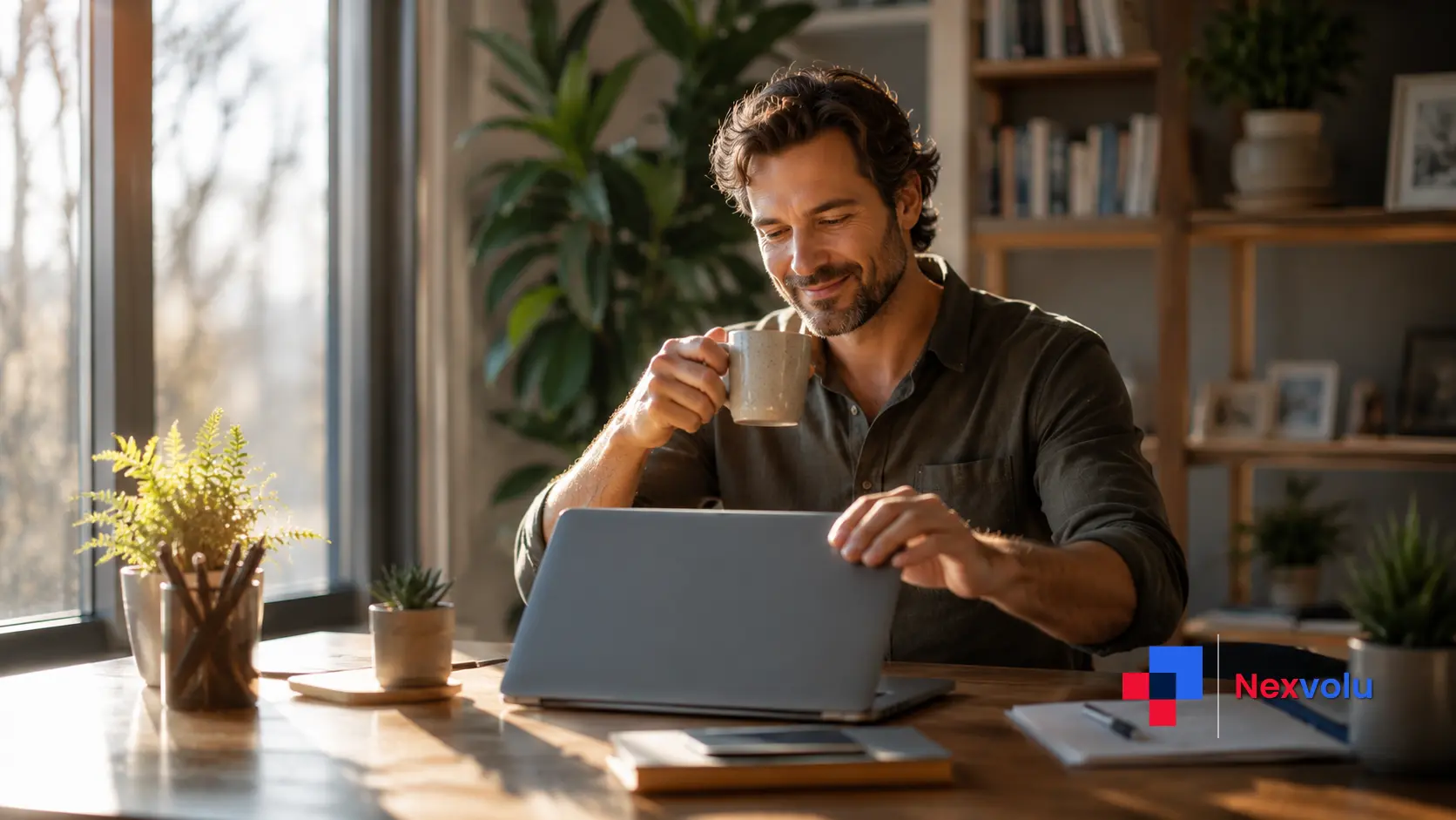 Relieved solo founder enjoying free time after AI agents automated routine work
