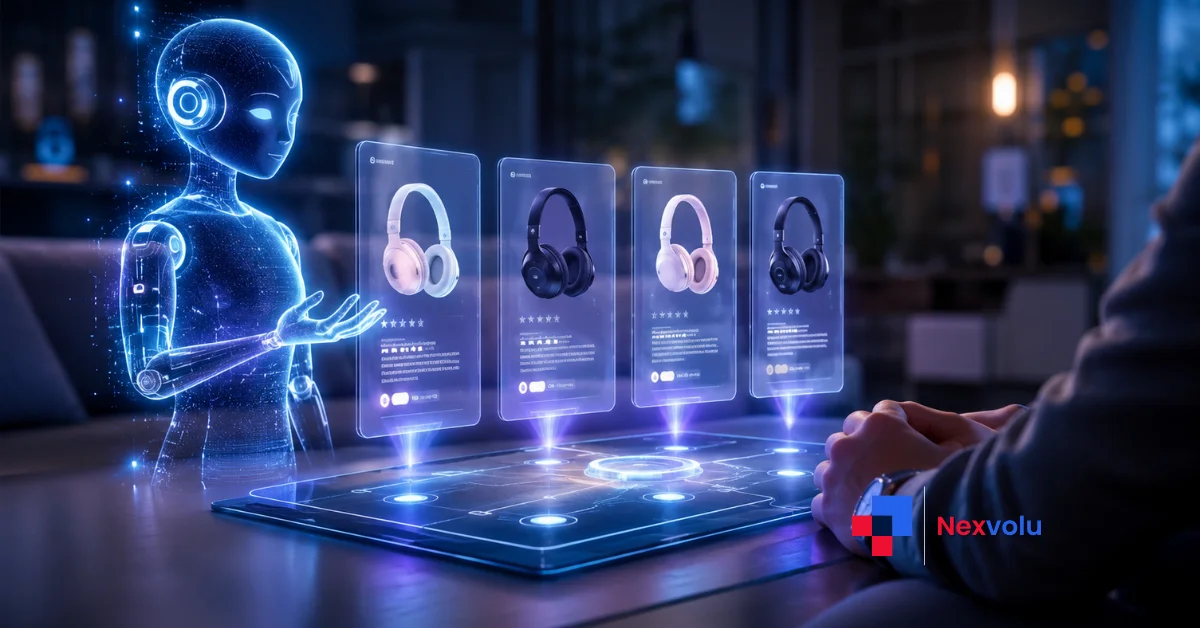 AI shopping agent comparing products on a glowing screen for agentic commerce
