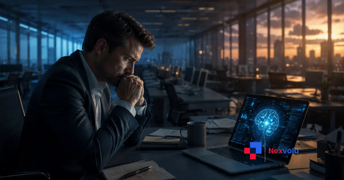 AI layoffs 2026 - a worried office worker reading a layoff notice on a laptop screen.
