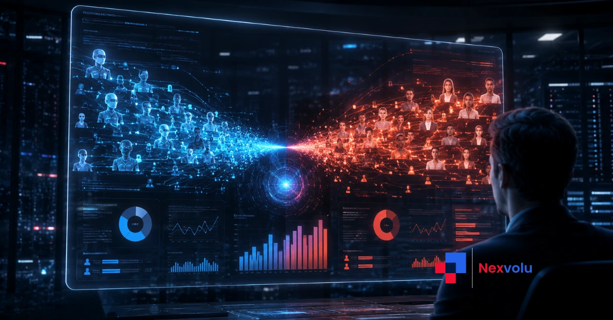 Bot traffic outnumbering human visitors on a glowing website analytics dashboard