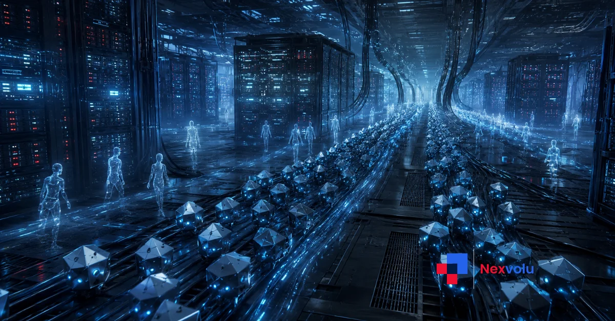 Bots outnumber humans online - swarms of bots dwarfing human silhouettes in a glowing data center