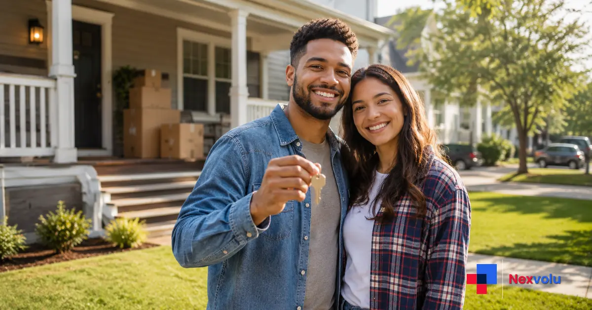 Young couple celebrating buying their first home, relieved that competition from Wall Street investors has been reduced