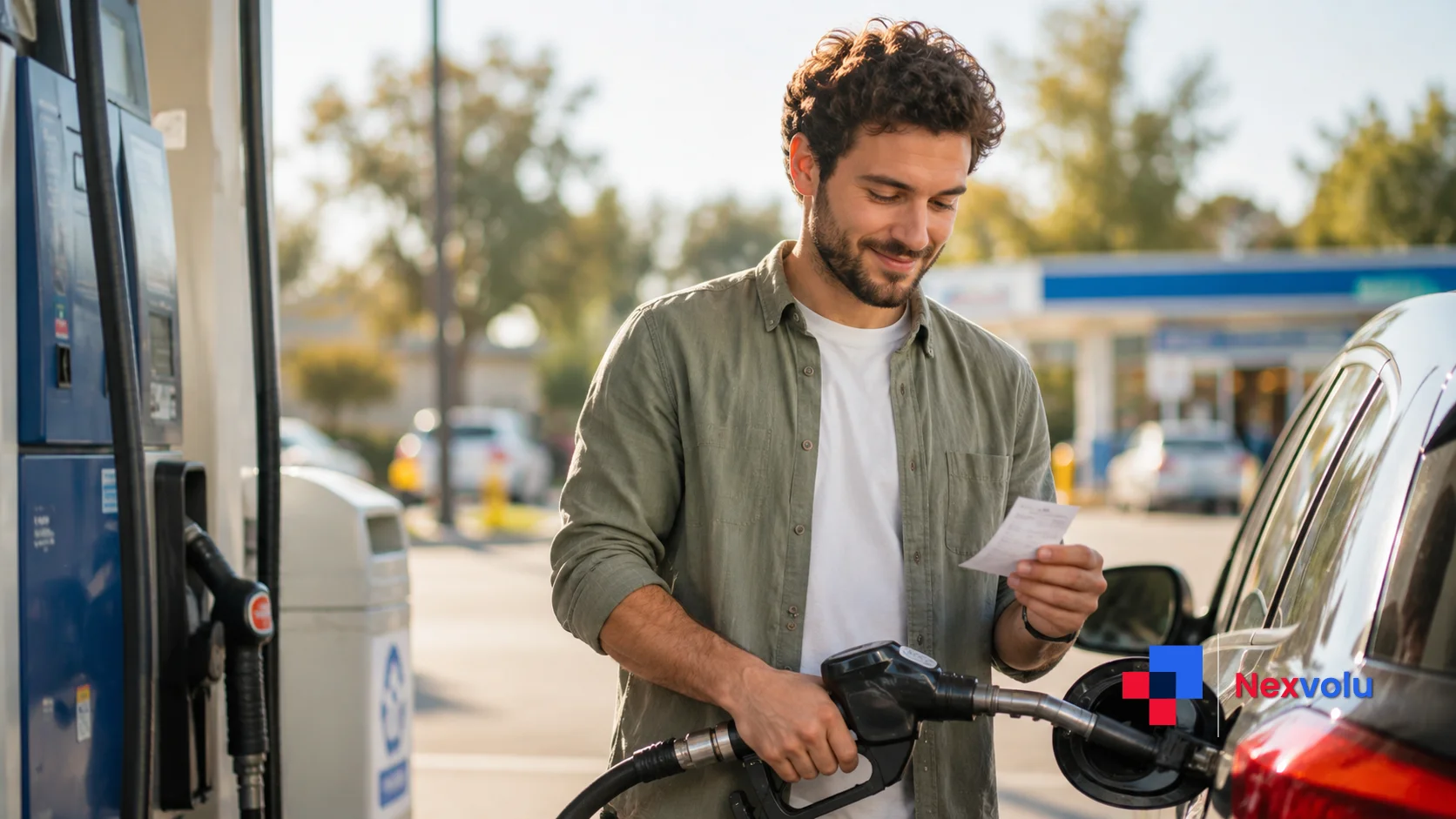 Relieved driver smiling at the pump as gas prices fall in 2026