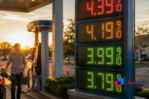 Falling gas prices on a fuel station sign at sunset in 2026