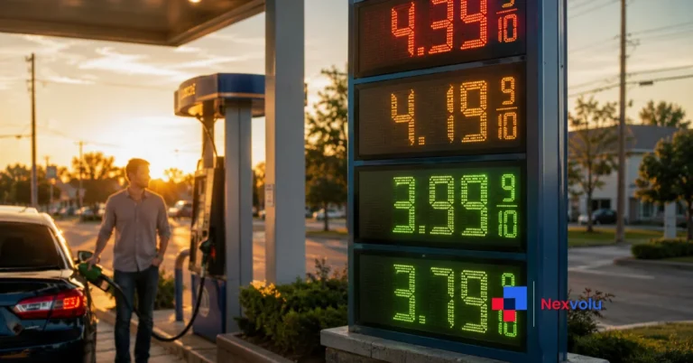 Falling gas prices on a fuel station sign at sunset in 2026