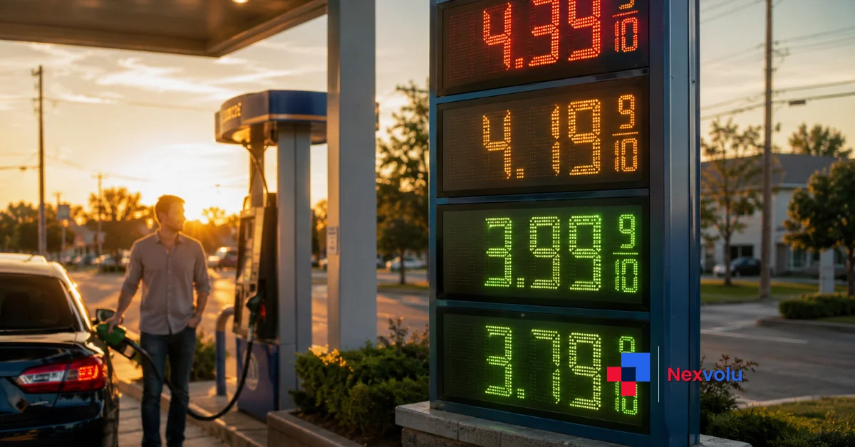 Falling gas prices on a fuel station sign at sunset in 2026