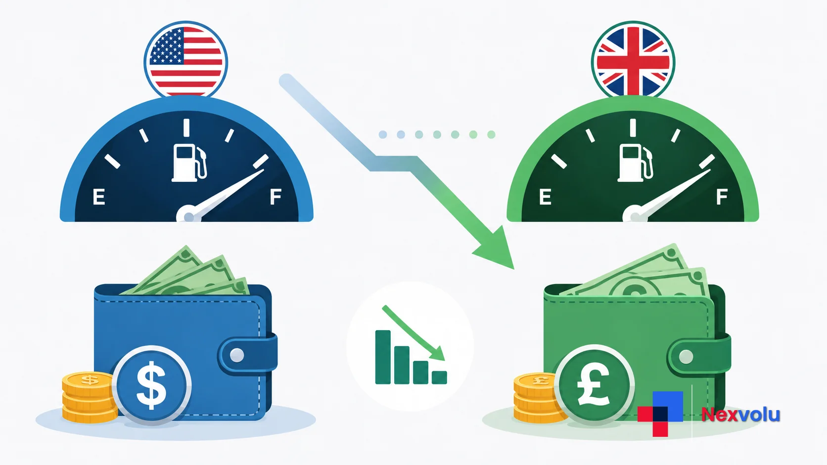Infographic comparing monthly fuel savings for US and UK drivers