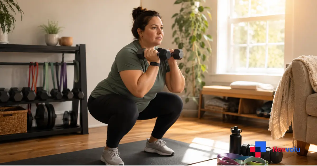 Person doing resistance training with dumbbells while on a GLP-1 weight loss medication, emphasizing the importance of exercise alongside Ozempic