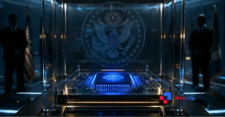 glowing AI chip locked behind a government barrier at dusk