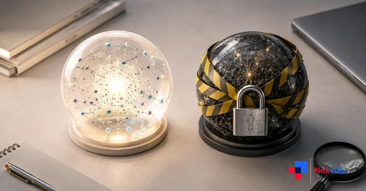 two AI model icons side by side with one padlocked, comparison concept