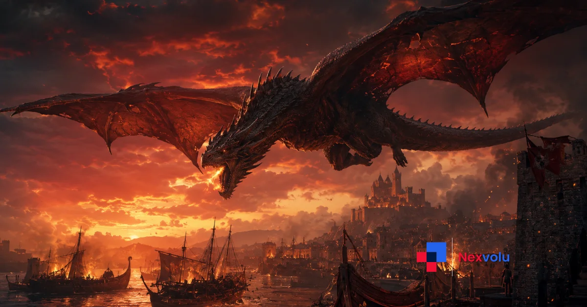 House of the Dragon Season 3 dragon over a burning Westeros battlefield at dusk