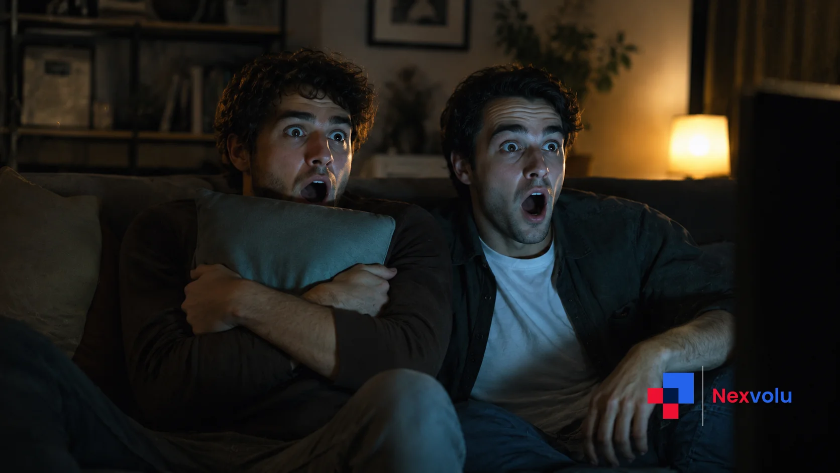 Two friends watching House of the Dragon Season 3 reacting in shock on a sofa