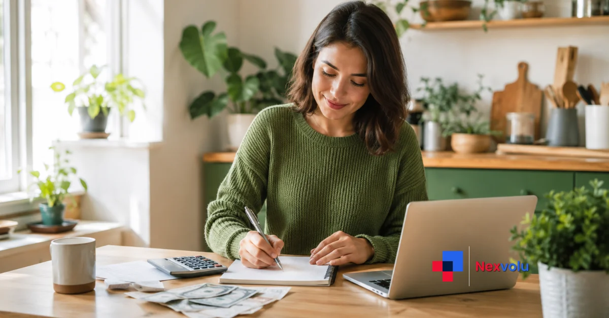 Person at a kitchen table planning a personal budget with a notebook and laptop