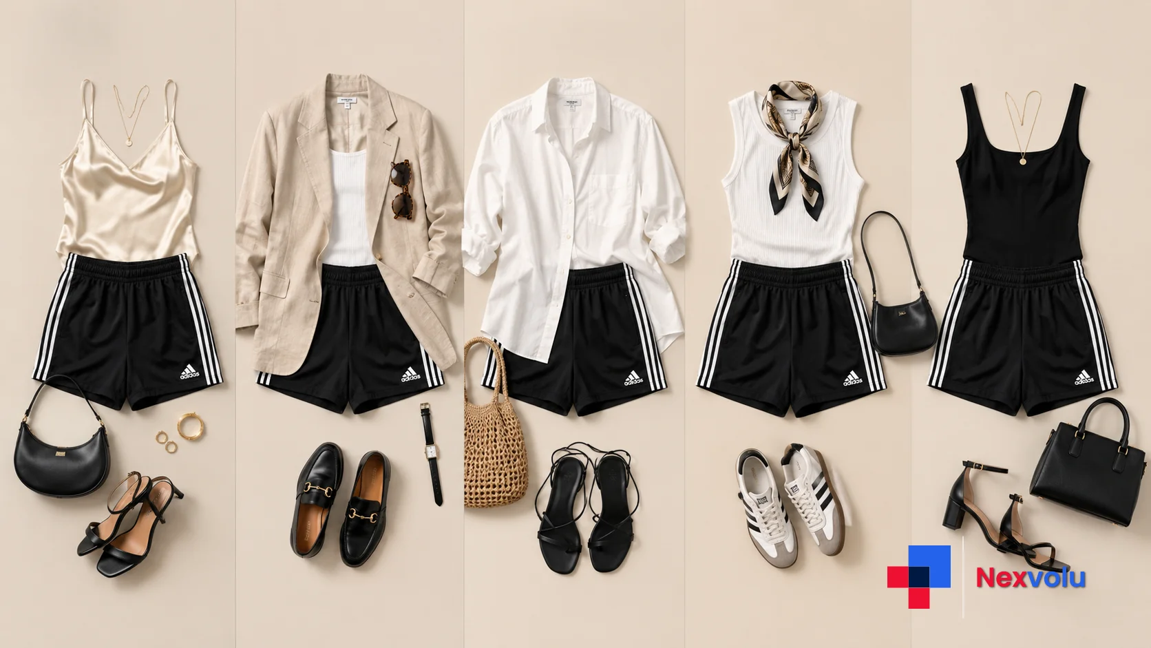Five ways to style Adidas shorts for a watch party with cami, blazer, loafers, and sandals