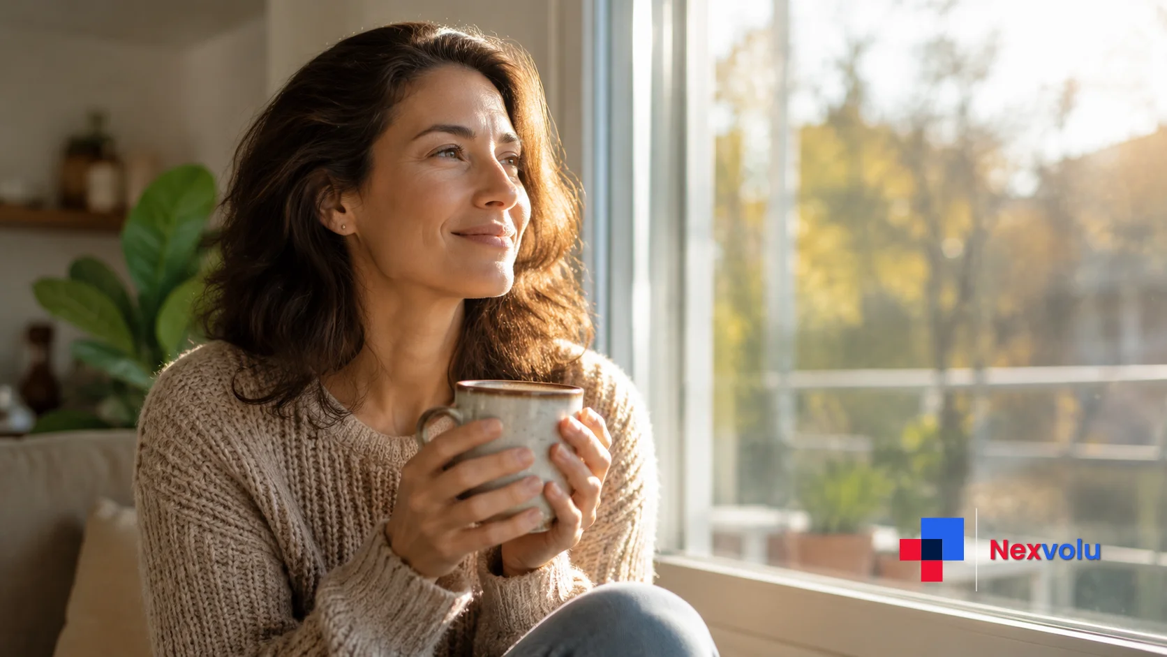 Person looking calm and hopeful by a window, representing relief from depression