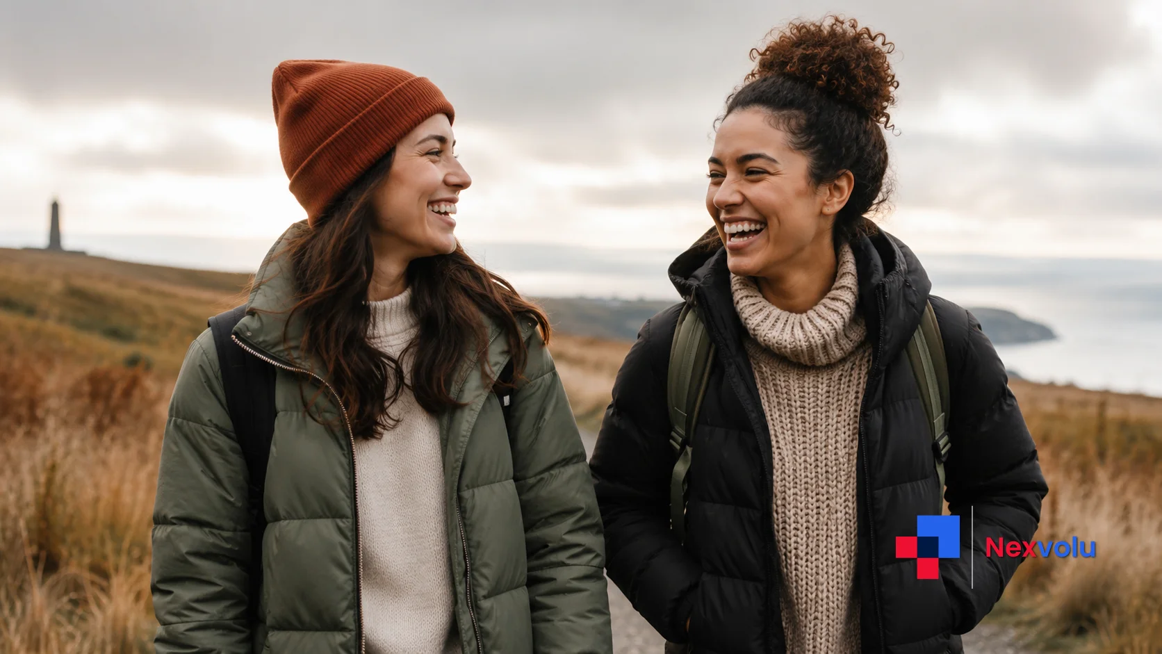 Two friends walking and talking outdoors, showing connection as a natural mood booster