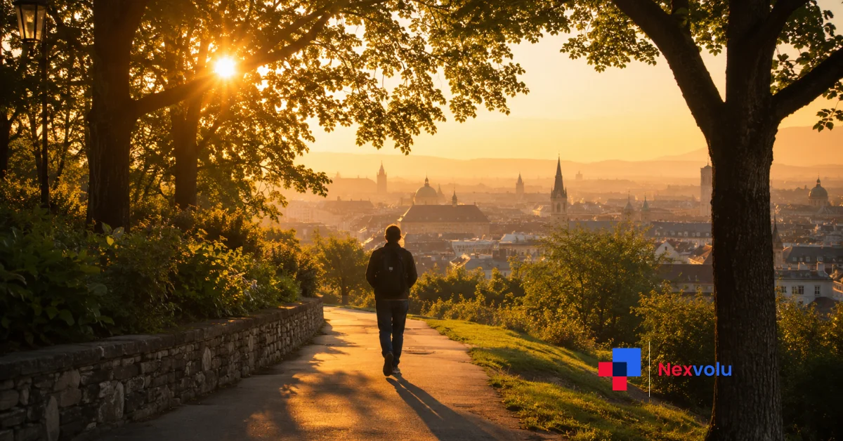 Sunlit morning scene with a person walking outdoors, natural antidepressants in daily life