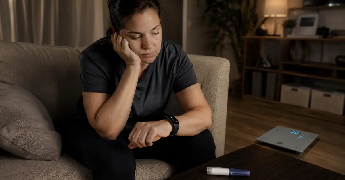 Person sitting on a couch looking tired next to a weight scale showing weight loss, symbolizing the Ozempic exercise paradox