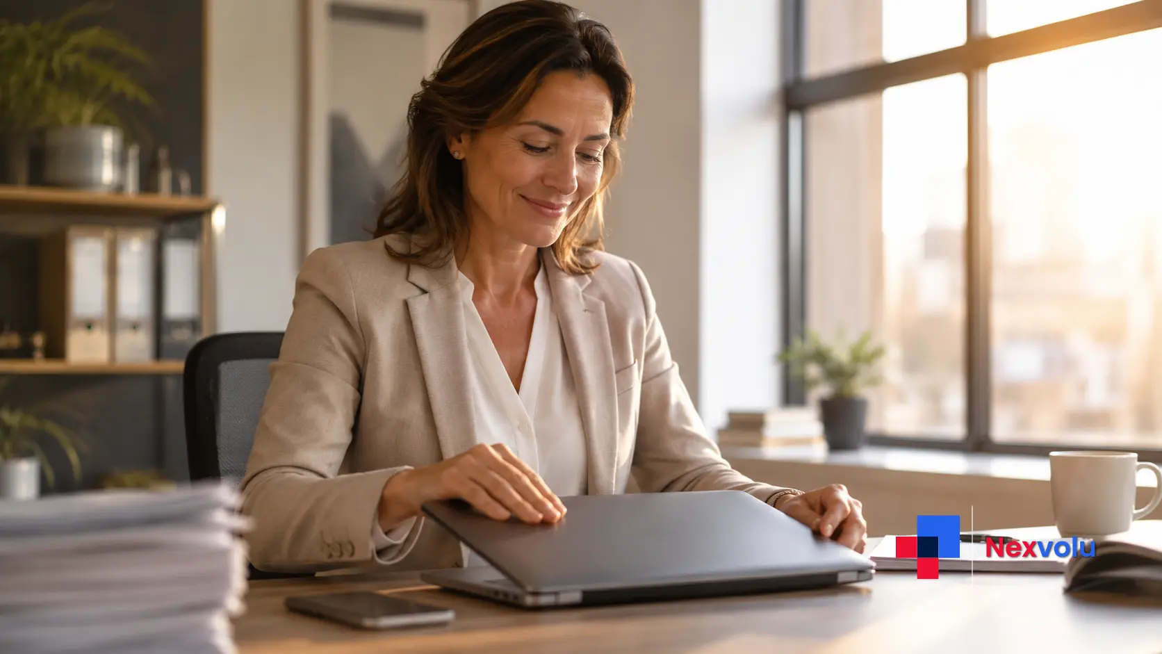 Relieved UK finance manager smiling after negotiating a capped SaaS renewal contract