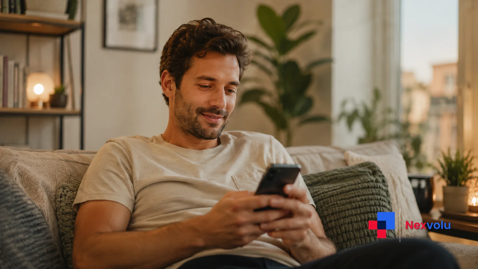 Relaxed person checking phone, reassured after building a personal budget and savings