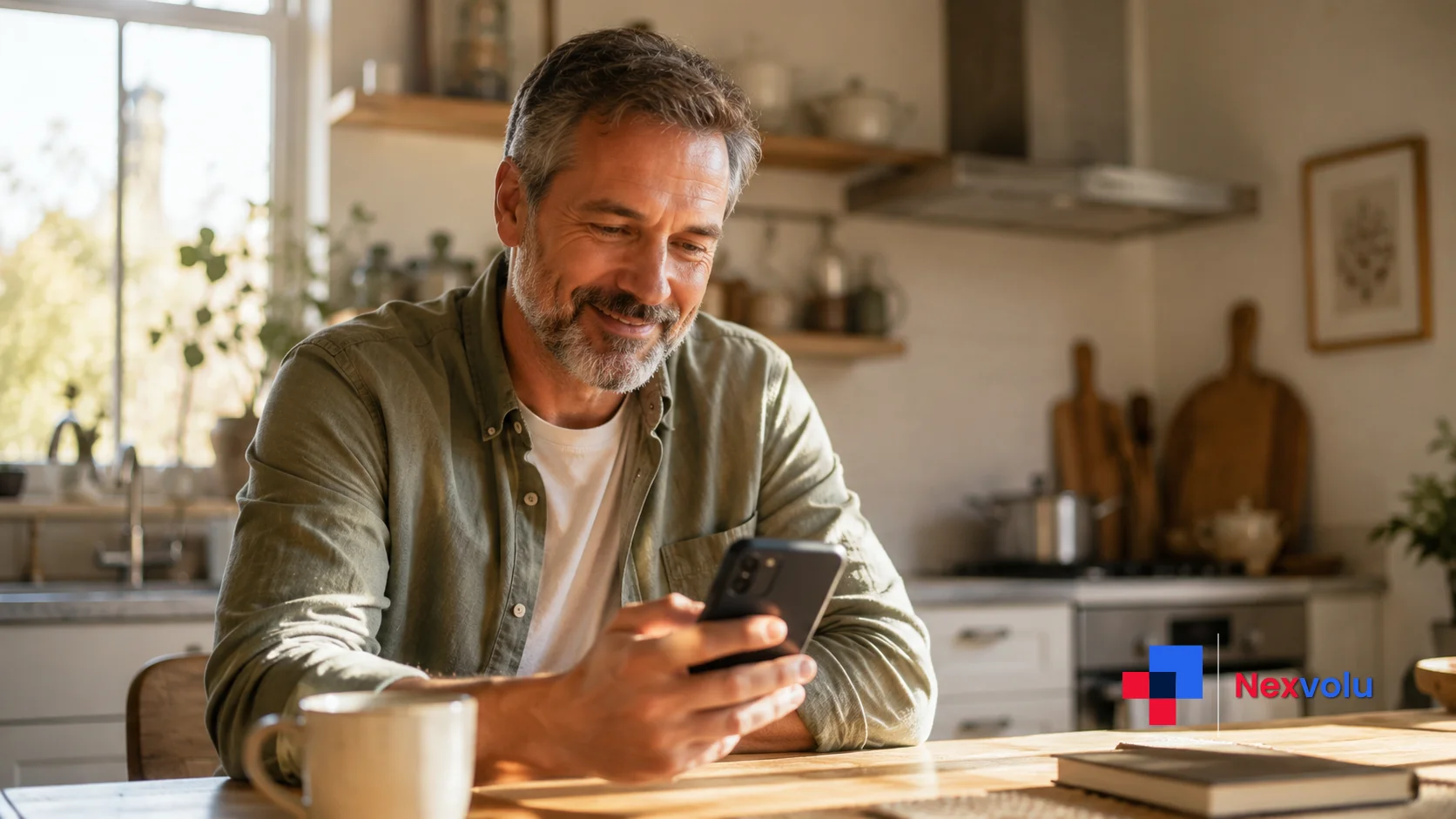 Relieved saver checking a pension app at a kitchen table after market volatility