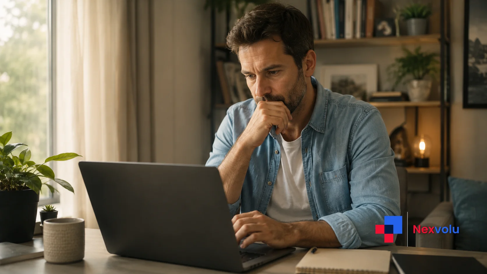 Laid-off tech worker reviewing AI career options on a laptop at home