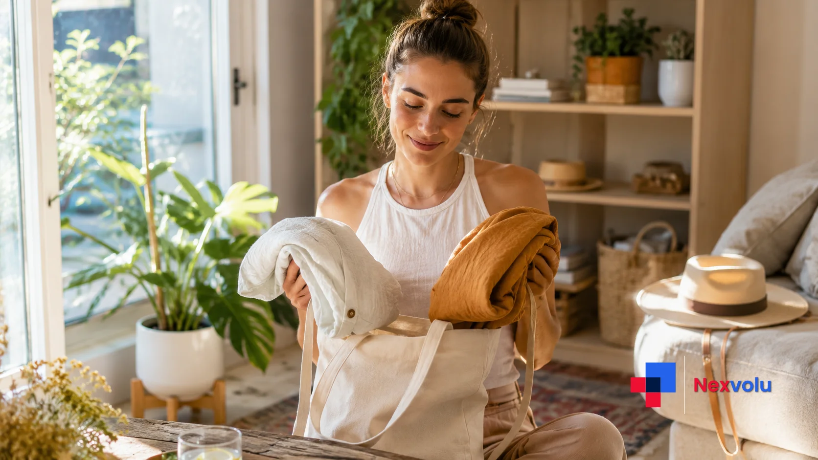 Relaxed shopper choosing a few quality summer outfits instead of a large fast-fashion haul