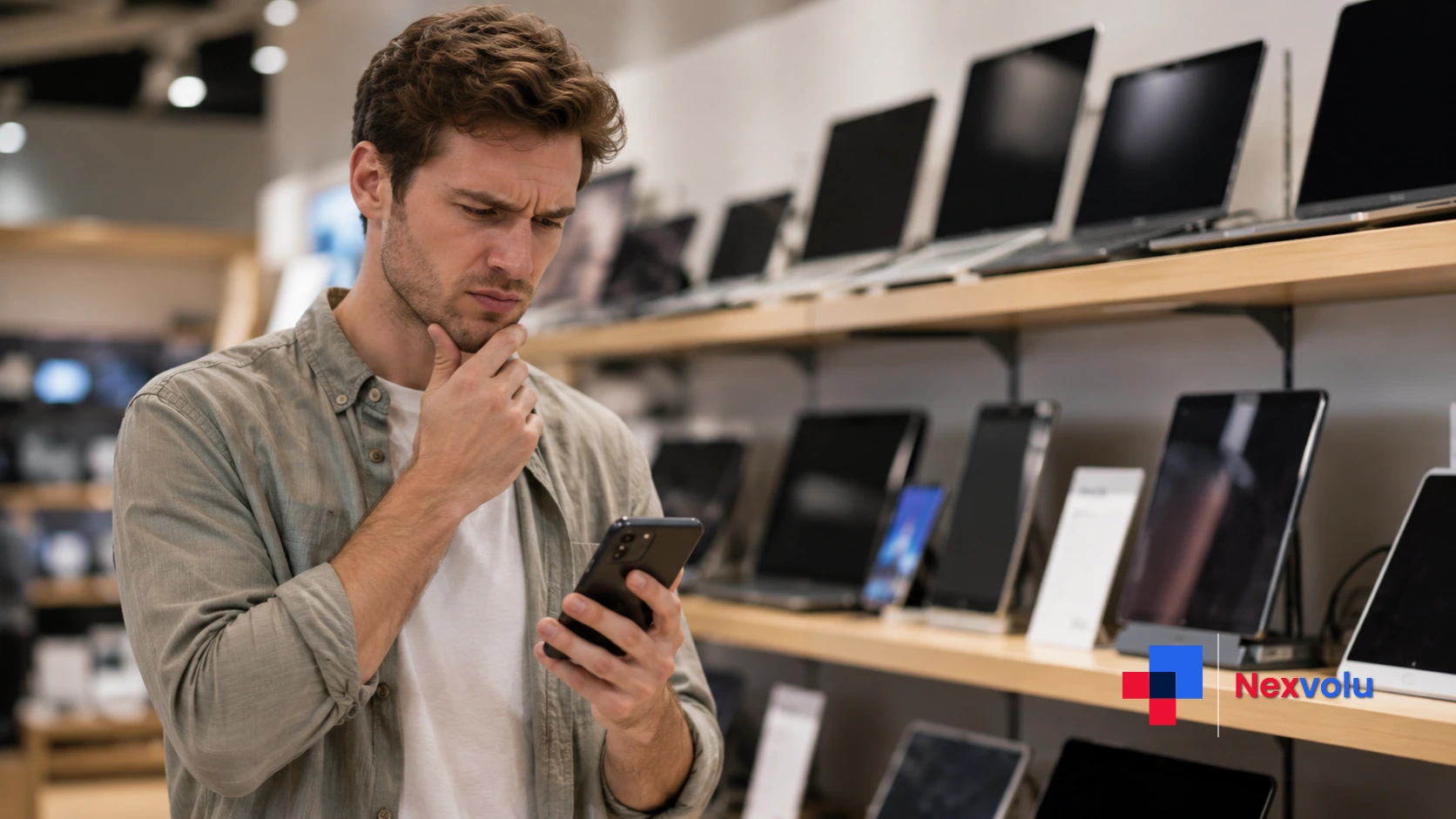 Smart buyer comparing the tech price hikes 2026 on a phone in an electronics store