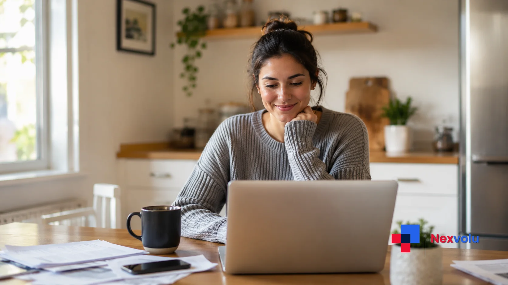 Relieved borrower reviewing repayment options on a laptop at the kitchen table