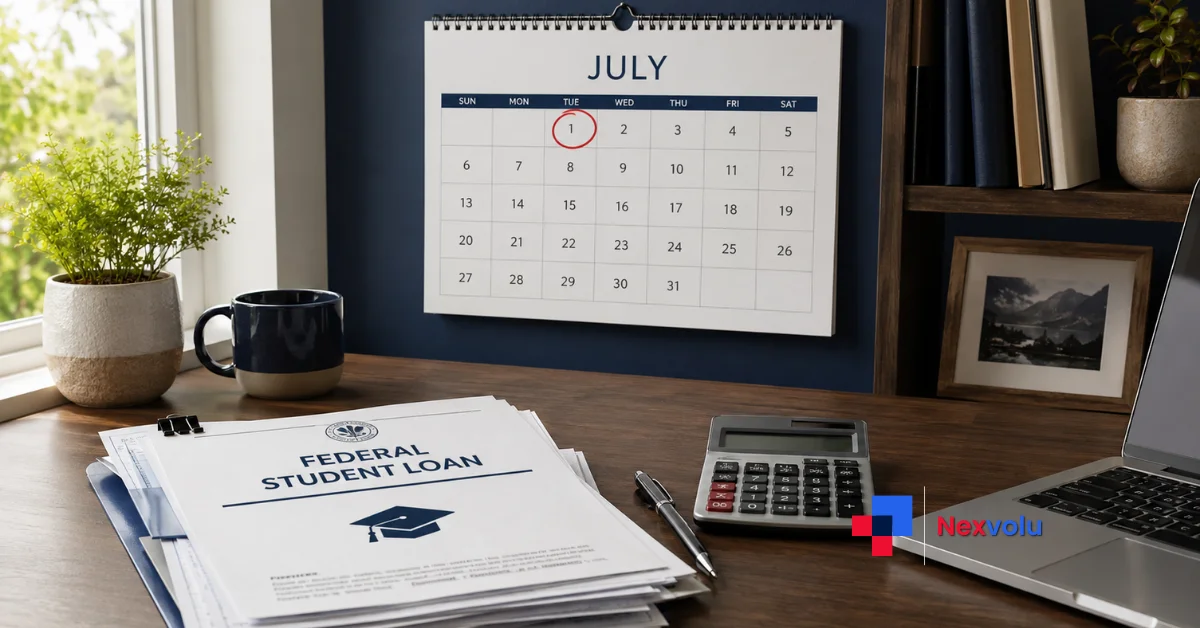 Calendar marked July 1 2026 beside US student loan paperwork and a calculator