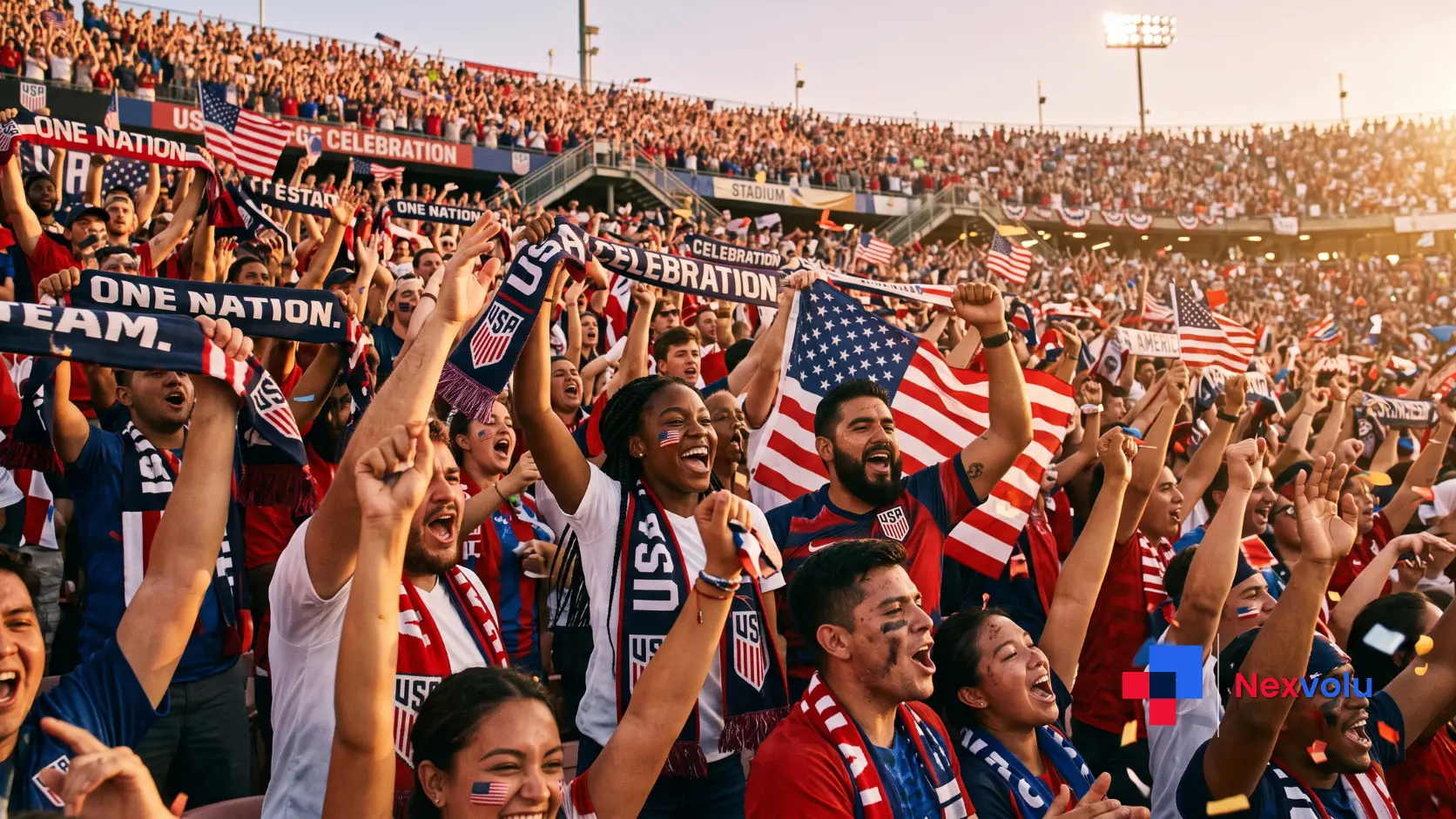 Fans celebrating in a packed U.S. stadium during the 2026 World Cup final