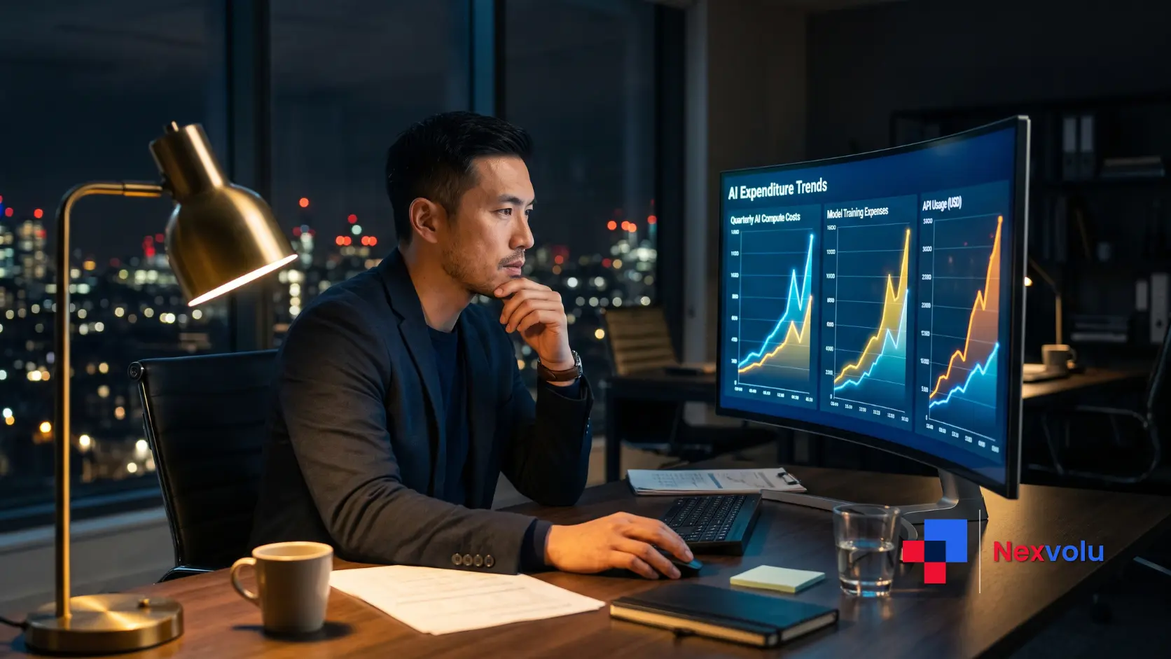 Professional at night studying rising AI cost charts on a glowing office monitor