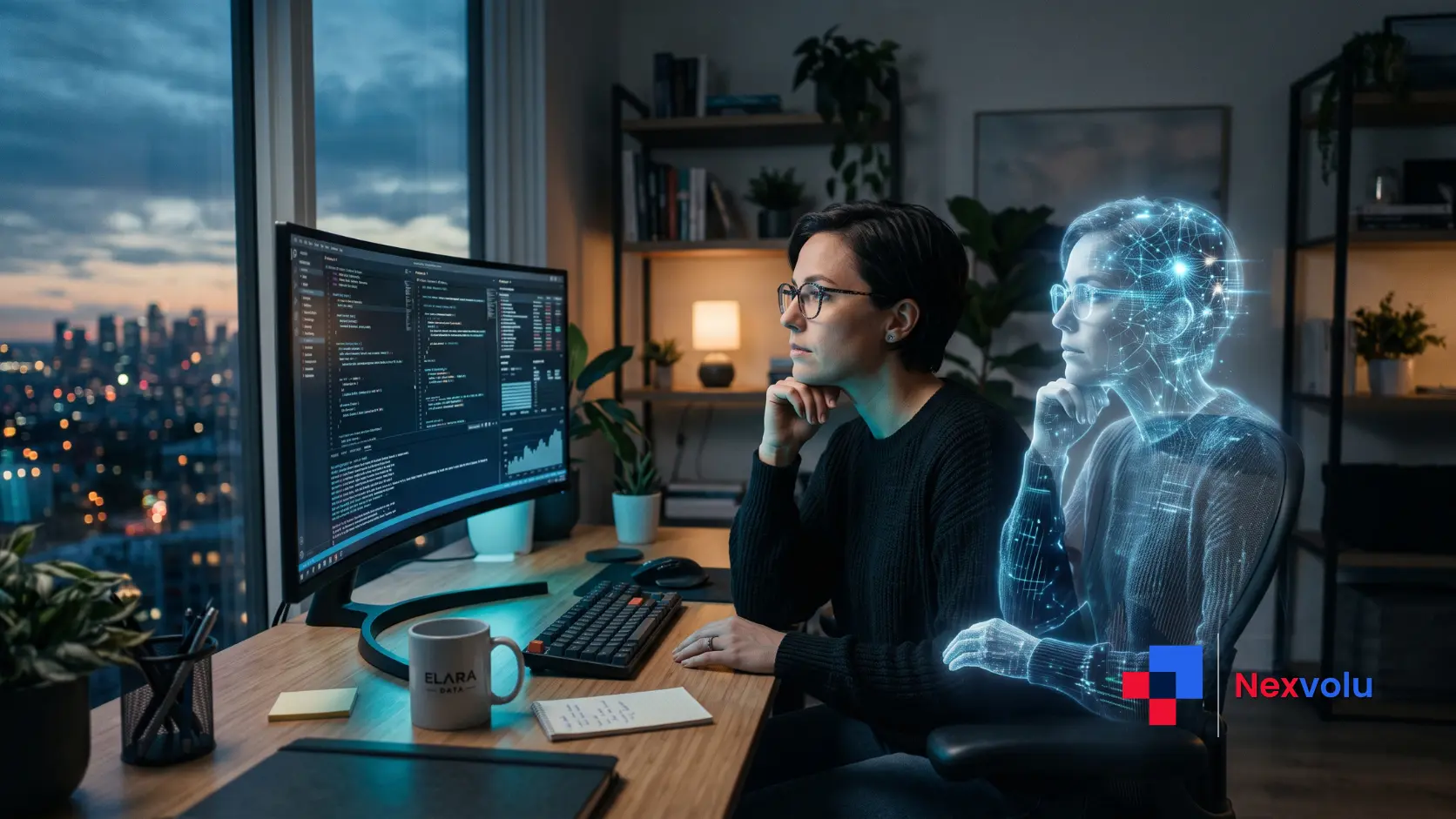 Office worker at a desk watching a translucent AI figure mirror their movements