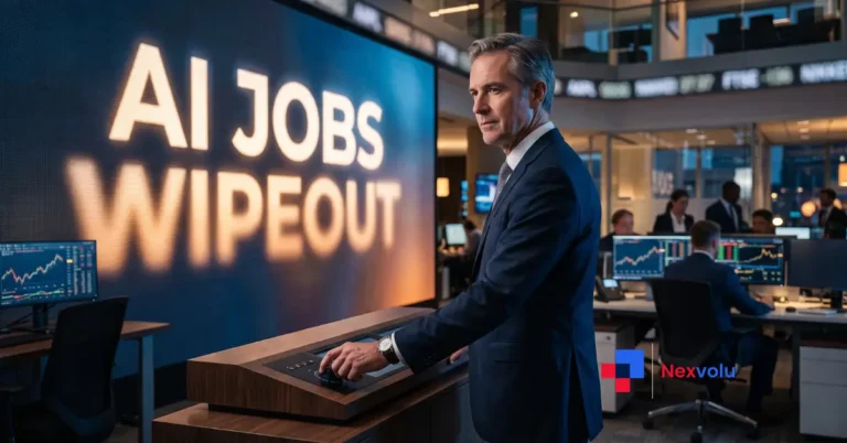 reversal: an executive quietly turning down a giant AI jobs-wipeout headline on a stock-ticker wall" Save as