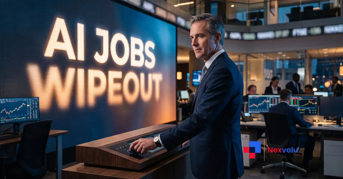 reversal: an executive quietly turning down a giant AI jobs-wipeout headline on a stock-ticker wall" Save as