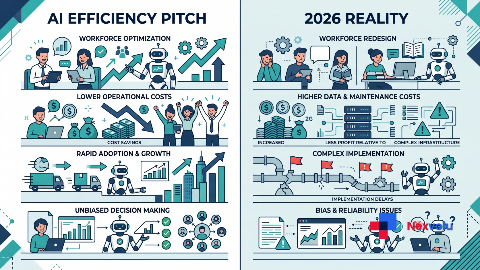 Comparison chart of the AI efficiency pitch versus the 2026 rehiring reality in SaaS companies