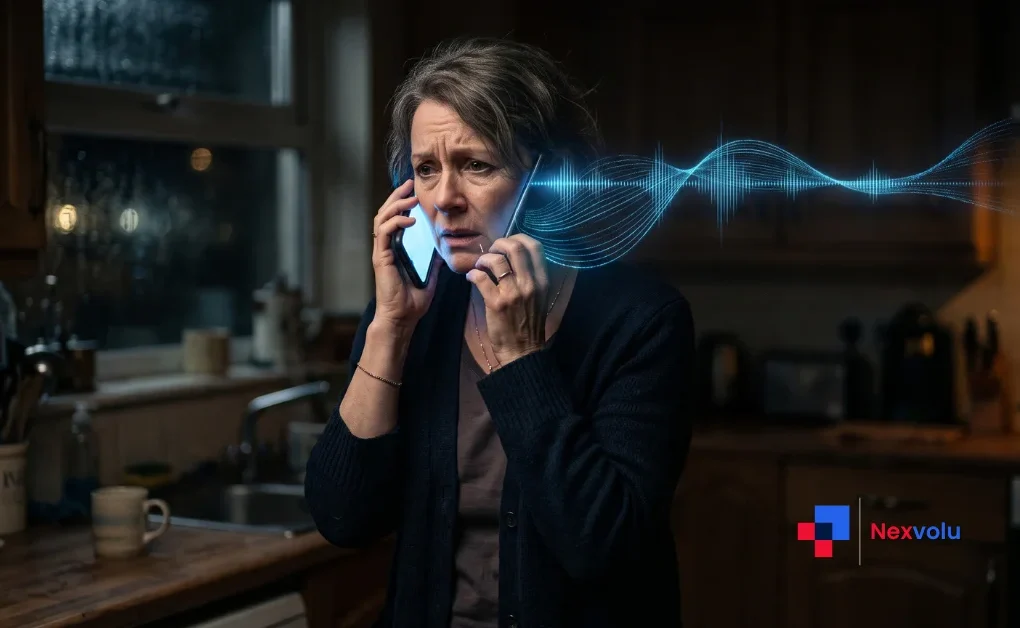 Worried woman answering a late night AI voice scam call on her phone