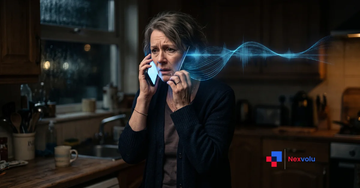 Worried woman answering a late night AI voice scam call on her phone