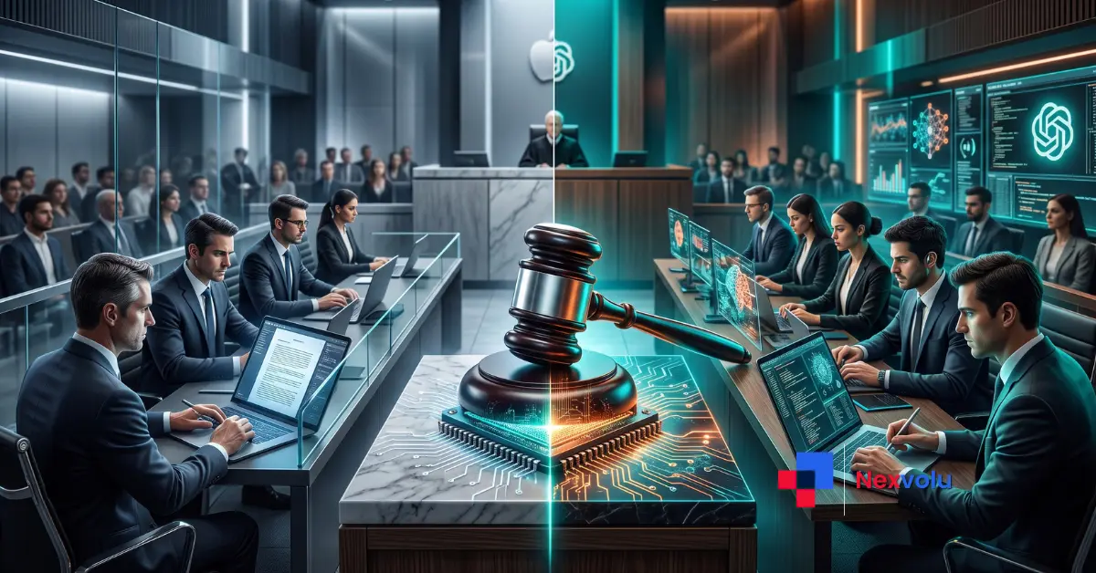 Apple and OpenAI logos on opposing sides of a courtroom, tech trade secret lawsuit