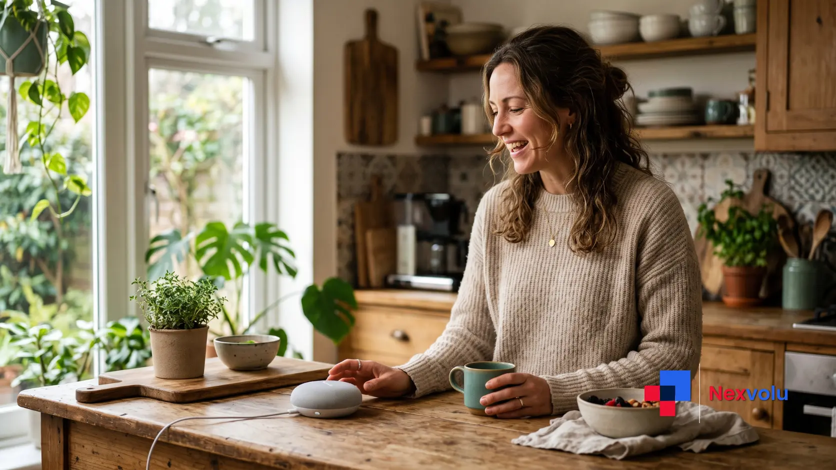 Person using a screenless ambient AI device at home, the future after the smartphone