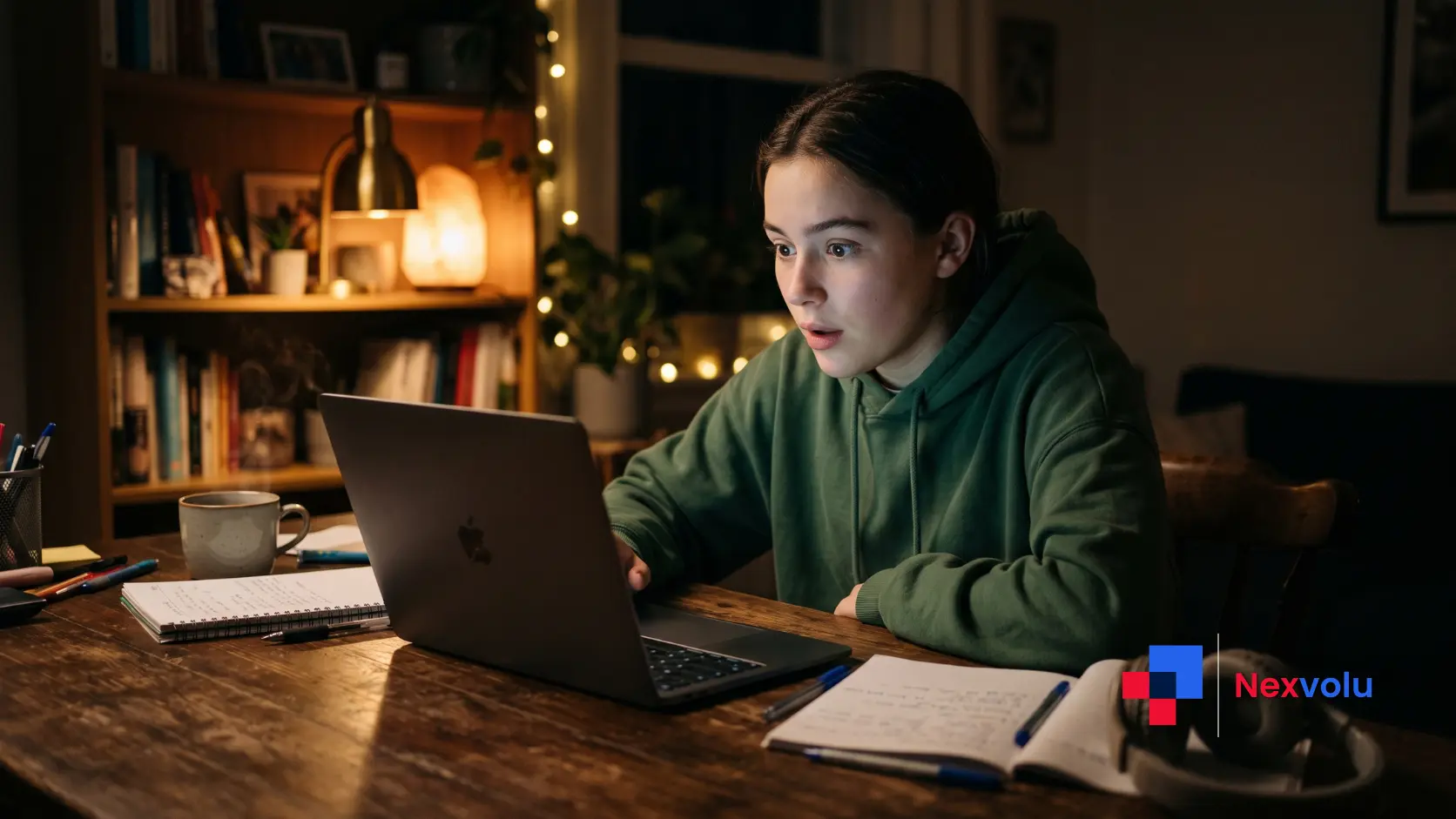 Curious person reading AI news at night, fascinated by Claude's J-space discovery