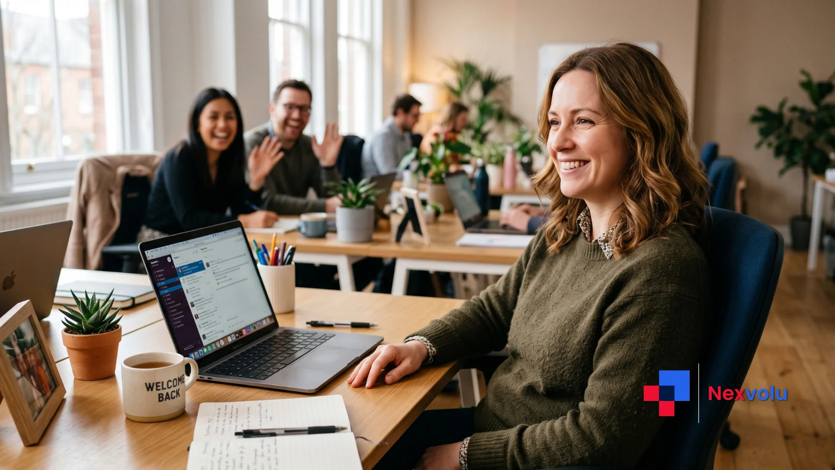 Relieved professional returning to a desk, symbolizing workers rehired after AI-driven layoffs