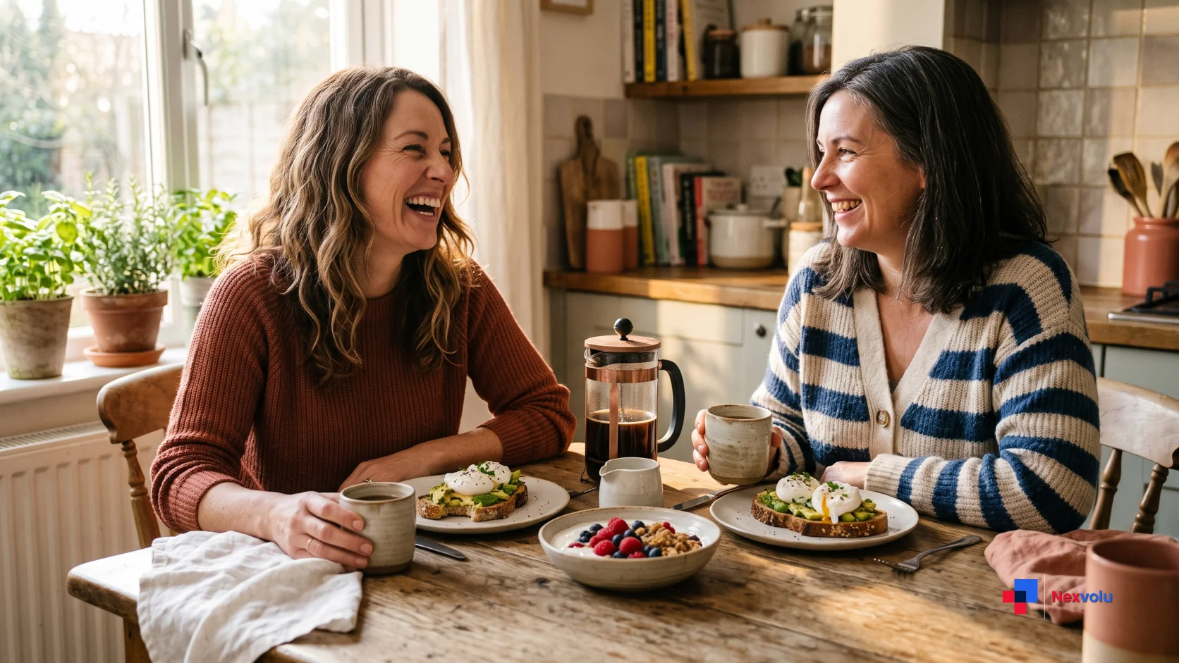 Two friends sharing a simple high protein breakfast of eggs, yoghurt and fruit at home