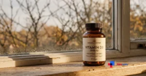 Vitamin D supplement bottle beside low winter sunlight on a kitchen windowsill in October