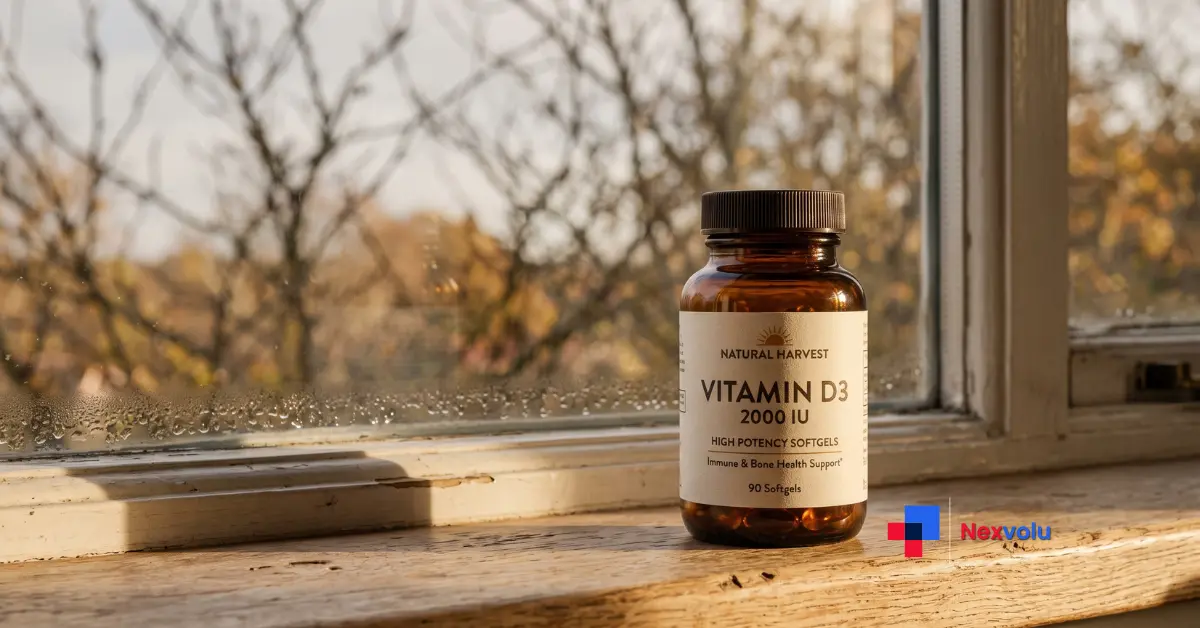 Vitamin D supplement bottle beside low winter sunlight on a kitchen windowsill in October