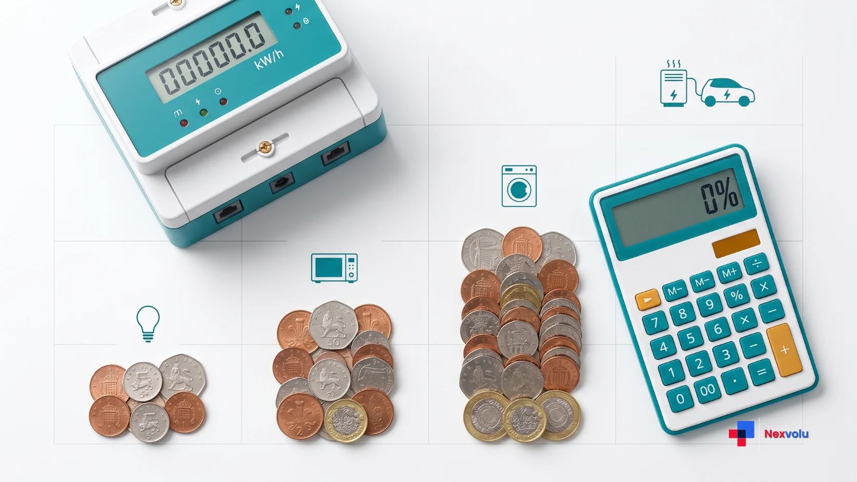 Coins and meter illustrating how much each usage tier saves from the electricity VAT cut