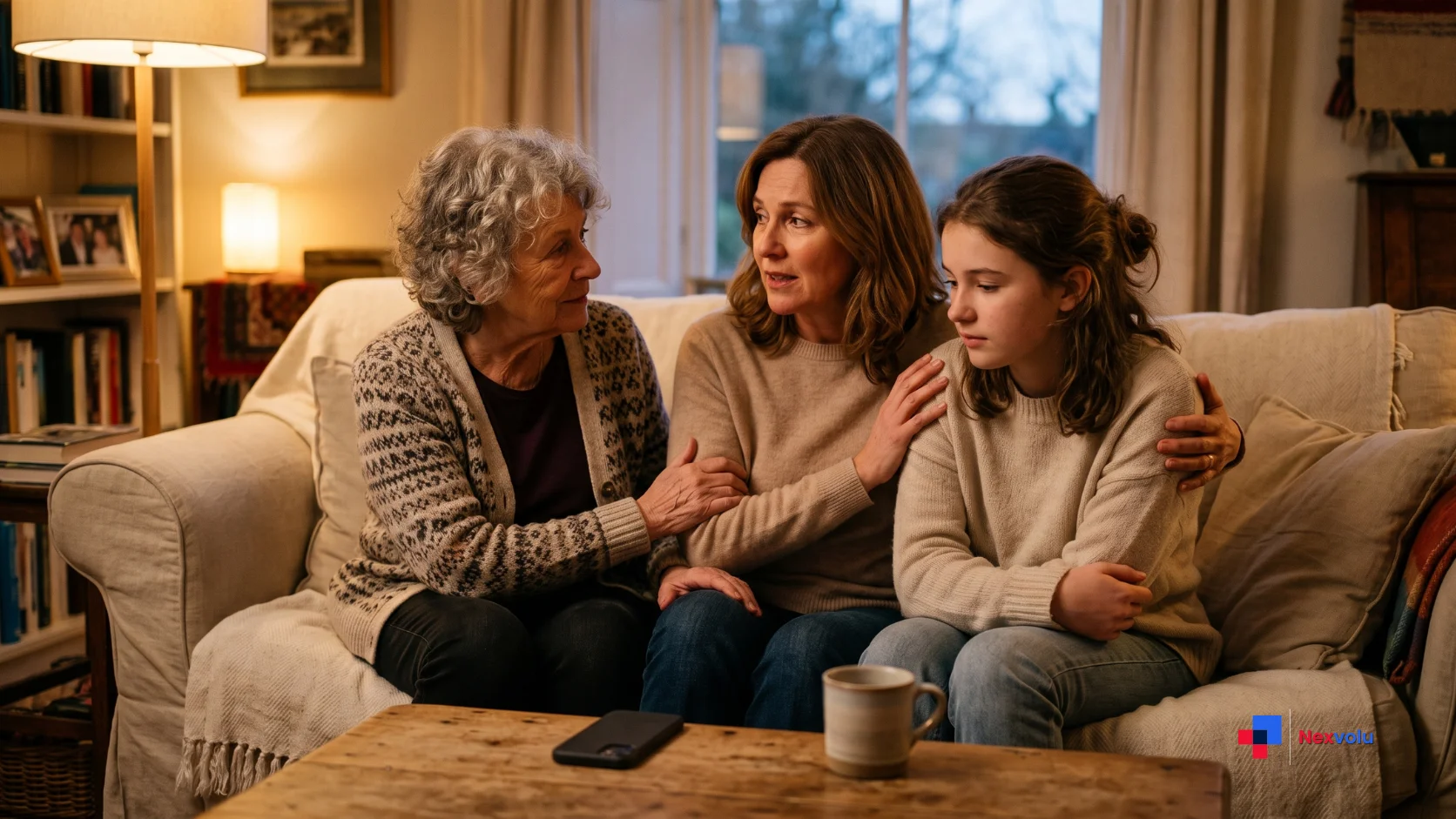 Family sitting together at home agreeing a private safe word to stop AI scam calls